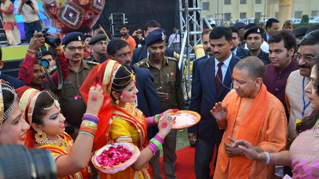 Uttar Pradesh chief minister Yogi Adityanath in Mathura on Friday. (PTI Photo) Uttar Pradesh chief minister Yogi Adityanath in Mathura on Friday. (PTI Photo)