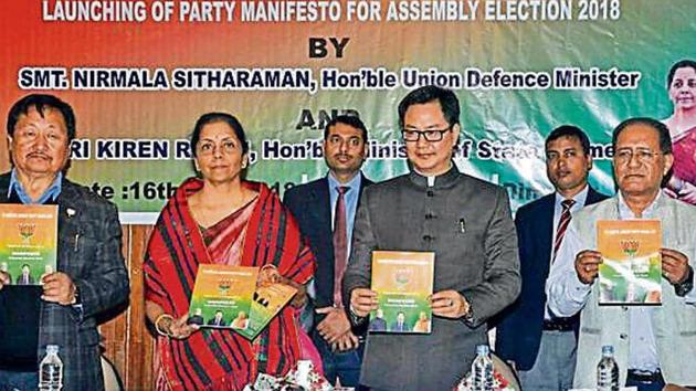 Union defence minister Nirmala Sitharaman and Union MoS for home Kiren Rijiju (second from right) at the party’s manifesto release in Dimapur this month. (PTI File Photo) Union defence minister Nirmala Sitharaman and Union MoS for home Kiren Rijiju (second from right) at the party’s manifesto release in Dimapur this month. (PTI File Photo)