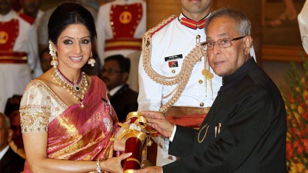 Sridevi, who died following a cardiac arrest in Dubai late Saturday, is seen receiving Padma Shri from the then President Pranab Mukherjee at Padma Awards 2013 at the Rashtrapati Bhavan.(PTI)