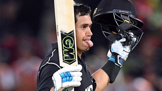 New Zealand's Ross Taylor celebrates reaching his century during the ODI vs England at Seddon Park in Hamilton on Sunday.(Reuters)