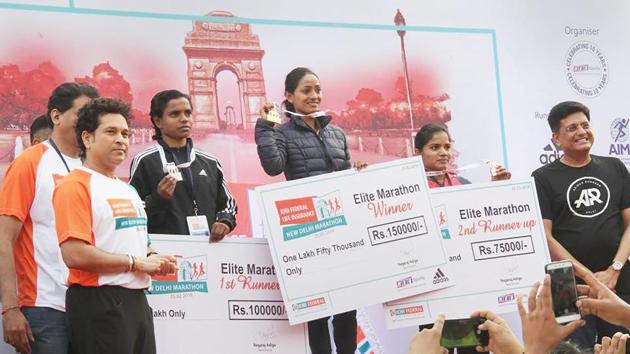 Monika Athare defended the title but was far from the Gold Coast qualifying time of 2:30. She won in 2:43.46, failing to go past her personal best of 2:39.(PTI) Monika Athare defended the title but was far from the Gold Coast qualifying time of 2:30. She won in 2:43.46, failing to go past her personal best of 2:39.(PTI)