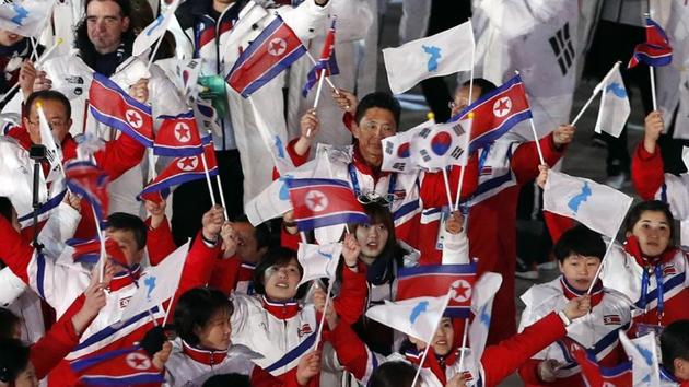Athletes from North Korea and South Korea during the closing ceremony of the 2018 Winter Olympics.(REUTERS)
