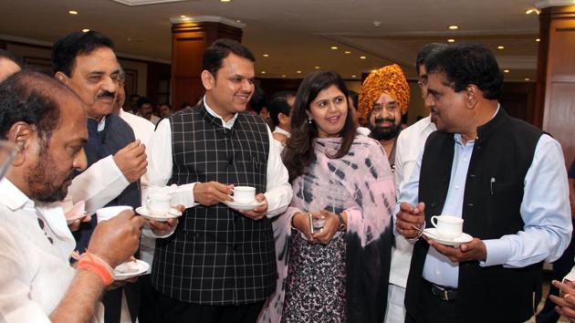Chief minister Devendra Fadnavis with other senior leaders at Sahyadri Guesthouse on Sunday. (Bhushan Koyande/HT) Chief minister Devendra Fadnavis with other senior leaders at Sahyadri Guesthouse on Sunday. (Bhushan Koyande/HT)