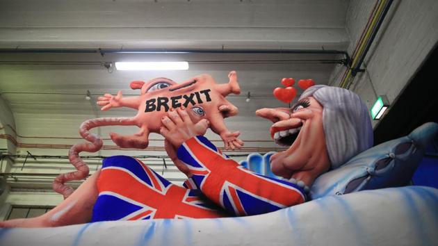 A carnival float, depicting Britain's Prime Minister Theresa May giving birth to the Brexit, being prepared in Duesseldorf, southern Germany. (AFP File) A carnival float, depicting Britain's Prime Minister Theresa May giving birth to the Brexit, being prepared in Duesseldorf, southern Germany. (AFP File)