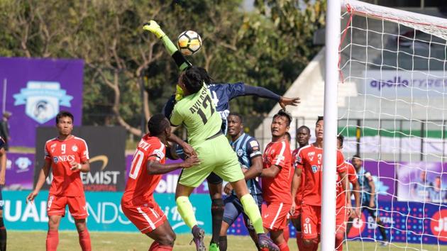 Goalmouth action during the Minerva Punjab FC vs Aizawl FC match at Panchkula, Chandigarh, on Monday.(AIFF)