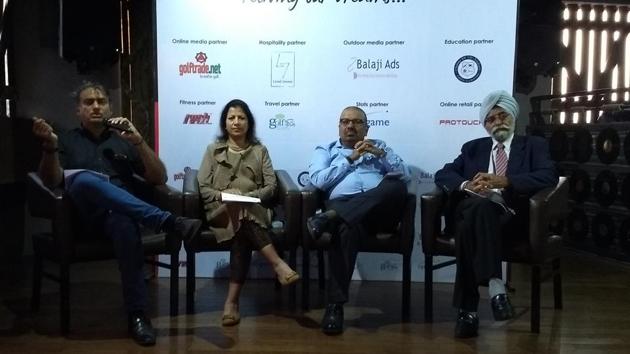 (From left) Indrajit Bhalotia, tour director, Divya Lal, captain of the Calcutta Ladies Golf Club, Gourab Ghosh, committee member of the Royal Calcutta Golf Club and Satbinder Singh, council member of the Indian Golf Union, at the announcement of the launch of the IGU East India Amateur Tour in Kolkata on Monday. (HT Photo) (From left) Indrajit Bhalotia, tour director, Divya Lal, captain of the Calcutta Ladies Golf Club, Gourab Ghosh, committee member of the Royal Calcutta Golf Club and Satbinder Singh, council member of the Indian Golf Union, at the announcement of the launch of the IGU East India Amateur Tour in Kolkata on Monday. (HT Photo)