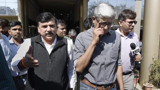AAP leaders Sanjay Singh and Ashutosh coming out after meeting with Delhi Police commissioner Amulya Patnaik in New Delhi, on Monday. (PTI Photo) AAP leaders Sanjay Singh and Ashutosh coming out after meeting with Delhi Police commissioner Amulya Patnaik in New Delhi, on Monday. (PTI Photo)