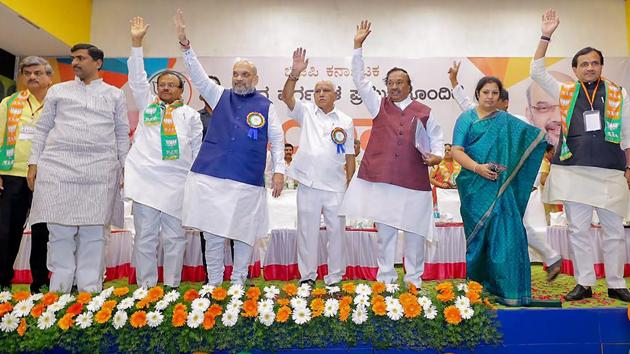 BJP National President Amit Shah at a meeting with OBC community leaders at Gulbarga in Karnataka on Monday.(PTI Photo)