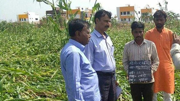 Farmers in Osmanabad were made to pose with slates during a panchanama to assess crop loss. (HT File Photo) Farmers in Osmanabad were made to pose with slates during a panchanama to assess crop loss. (HT File Photo)