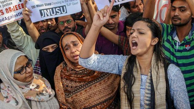 Student activist Shehla Rashid Shora of JNU shouts slogans during a protest march demanding a CBI inquiry in JNU student Najeeb's missing case at CBI in New Delhi on Monday. (PTI Photo) Student activist Shehla Rashid Shora of JNU shouts slogans during a protest march demanding a CBI inquiry in JNU student Najeeb's missing case at CBI in New Delhi on Monday. (PTI Photo)