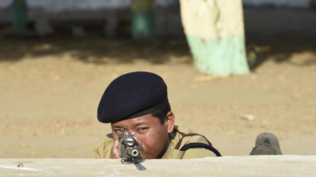 A jawan takes aim during a training session at the centre. The jawans are given courses in anti-terrorism, VIP security, bomb disposal and gender sensitisation. “We are also planning to have cut outs of other installations where CISF is posted,” said Saroj Malik. (Arvind Yadav / HT Photo) A jawan takes aim during a training session at the centre. The jawans are given courses in anti-terrorism, VIP security, bomb disposal and gender sensitisation. “We are also planning to have cut outs of other installations where CISF is posted,” said Saroj Malik. (Arvind Yadav / HT Photo)