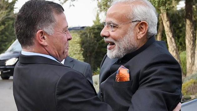 Prime Minister Narendra Modi greets the King of Jordan Abdullah II Bin Al-Hussein at Amman in Jordan early this month. (PTI File Photo) Prime Minister Narendra Modi greets the King of Jordan Abdullah II Bin Al-Hussein at Amman in Jordan early this month. (PTI File Photo)