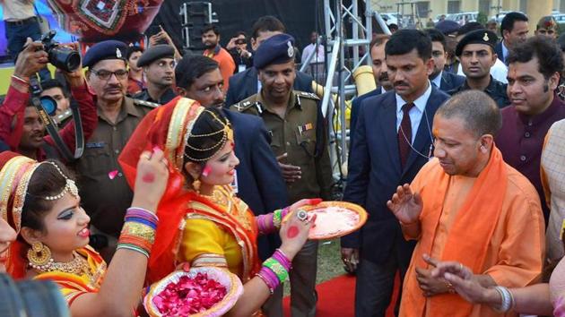 Uttar Pradesh chief minister Yogi Adityanath during inauguration of Braj Holi Rasotsav in Mathura on February 23.(PTI File Photo)