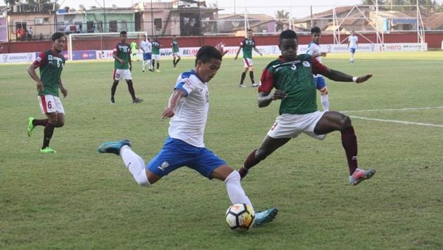 Mohun Bagan and Indian Arrows players vie for the ball during their I-League match in Vasco, Goa, on Tuesday. (AIFF) Mohun Bagan and Indian Arrows players vie for the ball during their I-League match in Vasco, Goa, on Tuesday. (AIFF)