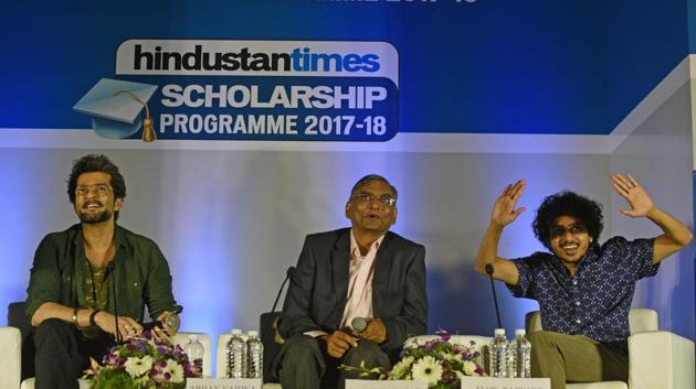 (Left to Right) Actor Raqesh Bapat, Resident Editor of Hindustan Times,Pune, Abhay Vaidya and actor Alok Rajwade share a light moment during the Hindustan Times Scholarship Programme 2017-18 at Jawaharlal Nehru Memorial Hall, Camp in Pune (Pratham Gokhale/HT Photo) 