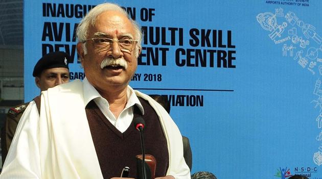 Union civil aviation minister Ashok Gajapathi Raju addressing a gathering during the inauguration function of Aviation Multi Skill Development Centre at old civil airport in Chandigarh on Tuesday.(Keshav Singh/HT)