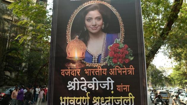 A picture of Bollywood actor Sridevi Kapoor is put up outside her residence in Mumbai on February 26, 2018, following her death. (AFP) A picture of Bollywood actor Sridevi Kapoor is put up outside her residence in Mumbai on February 26, 2018, following her death. (AFP)