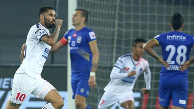 Matias Mirabaje of Delhi Dynamos FC celebrates after scoring against Mumbai City FC in their Indian Super League (ISL) match held at the Jawaharlal Nehru Stadium, New Delhi, on Tuesday.(ISL / SPORTZPICS) Matias Mirabaje of Delhi Dynamos FC celebrates after scoring against Mumbai City FC in their Indian Super League (ISL) match held at the Jawaharlal Nehru Stadium, New Delhi, on Tuesday.(ISL / SPORTZPICS)