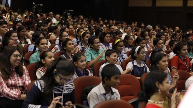 Students share a  light moment during the Hindustan Times Scholarship Programme 2017-18 at Jawaharlal Nehru Memorial Hall, Camp in Pune. (RAHUL RAUT/HT PHOTO) 