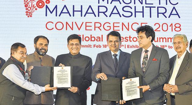 Dignitaries during an MoU signing ceremony at Magnetic Maharashtra Convergence Summit 2018, in Mumbai on Tuesday. (PTI File Photo) Dignitaries during an MoU signing ceremony at Magnetic Maharashtra Convergence Summit 2018, in Mumbai on Tuesday. (PTI File Photo)