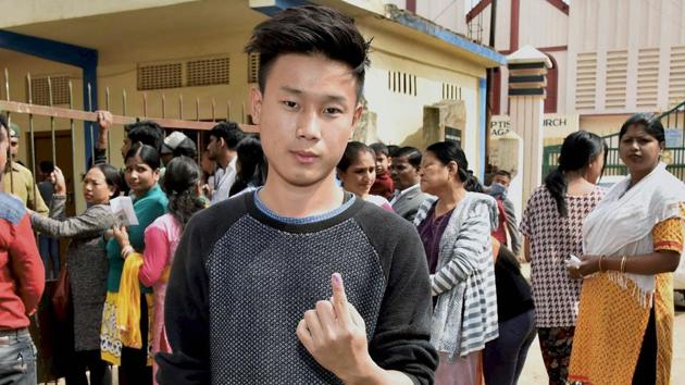 A young voter shows his finger marked with indelible ink after cast his vote in Dimapur city in Nagaland. (PTI Photo) A young voter shows his finger marked with indelible ink after cast his vote in Dimapur city in Nagaland. (PTI Photo)