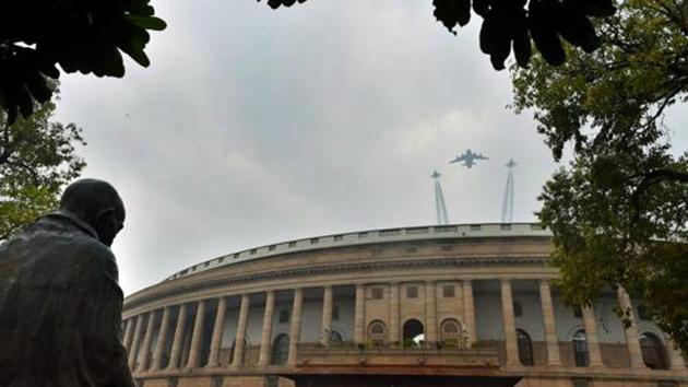 Indian Air Force C-17 Globemaster III (C) and SU-30, planes fly past over the Parliament house during Republic Day rehearsals.(PTI File Photo)