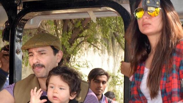 Bollywood actor Saif Ali Khan, Kareena Kapoor Khan and their son Taimur Ali Khan ride a tractor at Pataudi Palace. (PTI) Bollywood actor Saif Ali Khan, Kareena Kapoor Khan and their son Taimur Ali Khan ride a tractor at Pataudi Palace. (PTI)