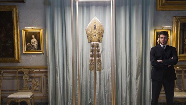 The mitre (1929) of pope Pius XI is displayed in Rome. (AP) The mitre (1929) of pope Pius XI is displayed in Rome. (AP)