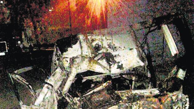An ambulance was gutted after it hit a speeding truck in Badalpur, Greater Noida An ambulance was gutted after it hit a speeding truck in Badalpur, Greater Noida