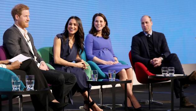(L-R) Britain's Prince Harry, his fiancee US actress Meghan Markle, Britain’s Catherine, Duchess of Cambridge, and Britain’s Prince William, Duke of Cambridge, attend the first annual Royal Foundation Forum on Wednesday in London.(AFP Photo)