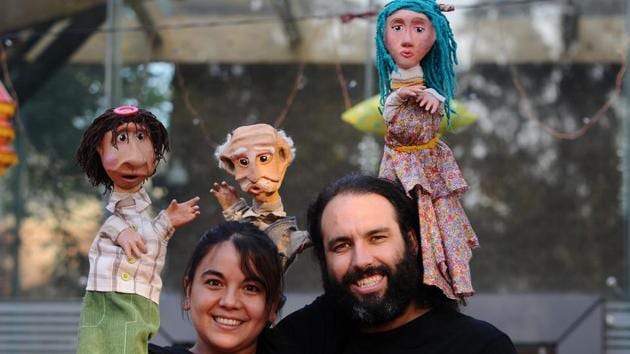Puppet artistes Laura Mac Laughlin from Argentina and Enrique Crohare from Chile before their show at Tagore Theatre in Sector 18, Chandigarh, on Tuesday. (Ravi Kumar/HT) Puppet artistes Laura Mac Laughlin from Argentina and Enrique Crohare from Chile before their show at Tagore Theatre in Sector 18, Chandigarh, on Tuesday. (Ravi Kumar/HT)