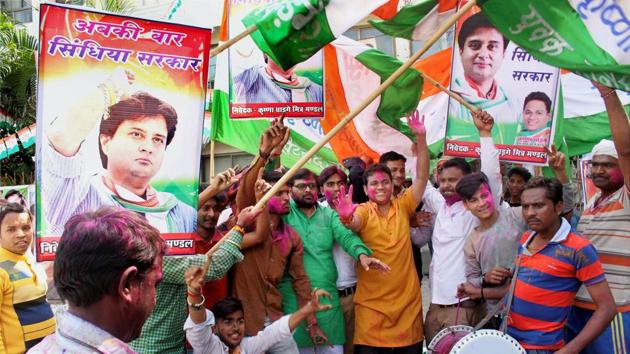 Congress workers celebrate the victory in Kolaras and Mungaoli assembly by-elections at the party’s state headquarters in Bhopal on Wednesday. (PTI Photo) Congress workers celebrate the victory in Kolaras and Mungaoli assembly by-elections at the party’s state headquarters in Bhopal on Wednesday. (PTI Photo)