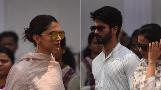 Deepika Padukone and Shahid Kapoor arrive at Celebrations Sports Club to pay their last respects to Sridevi. (HT Photo) Deepika Padukone and Shahid Kapoor arrive at Celebrations Sports Club to pay their last respects to Sridevi. (HT Photo)
