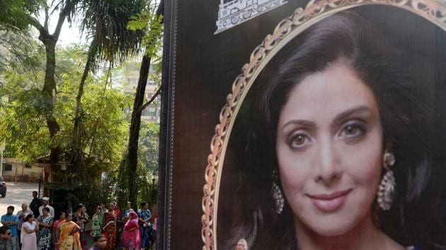 A picture of Bollywood actor Sridevi Kapoor was put up outside her residence in Mumbai on February 26, 2018, following her death.(AFP)