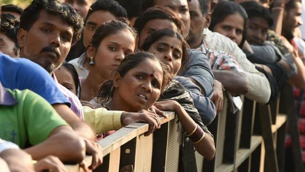 Sridevi’s fans  seen queuing outside Celebrations Sports Club near her residence in Lokhandwala, where her body is kept for ‘darshan’ (public viewing), to pay their last respects to the Bollywood diva. (Punit Paranjpe / AFP) 