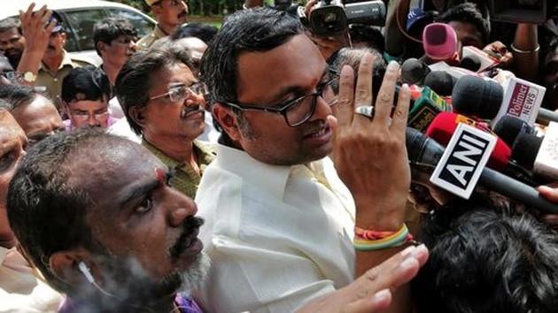 Karti Chidambaram, son of former finance minister P Chidambaram, talks to the media after the CBI raided his house, in Chennai last year. (Reuters file) Karti Chidambaram, son of former finance minister P Chidambaram, talks to the media after the CBI raided his house, in Chennai last year. (Reuters file)