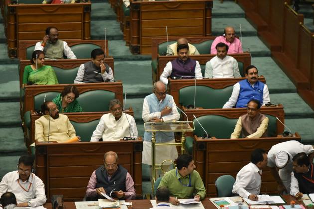 Bhopal, India - Feb. 28, 2018: Finance minister Jayant Malaiya presenting state budget at MP state assembly in Bhopal, India, on Wednesday, February 28, 2018. (Photo by Mujeeb Faruqui/Hindustan Times) (Mujeeb Faruqui/HT Photo) Bhopal, India - Feb. 28, 2018: Finance minister Jayant Malaiya presenting state budget at MP state assembly in Bhopal, India, on Wednesday, February 28, 2018. (Photo by Mujeeb Faruqui/Hindustan Times) (Mujeeb Faruqui/HT Photo)