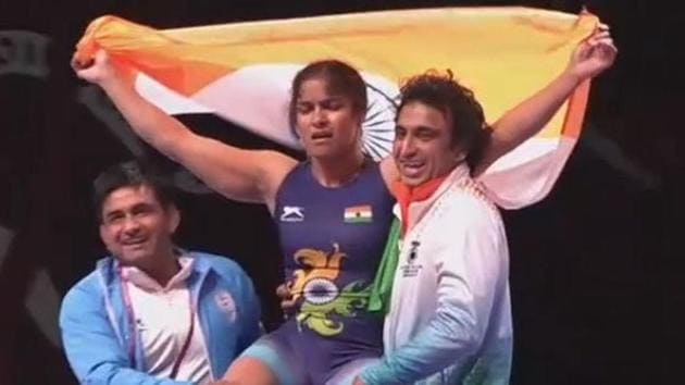 Navjot Kaur celebrates with coaches after winning gold in the Asian Wrestling Championships in Bishkek, Kyrgyzstan, on Friday. (UWW screen grab) Navjot Kaur celebrates with coaches after winning gold in the Asian Wrestling Championships in Bishkek, Kyrgyzstan, on Friday. (UWW screen grab)