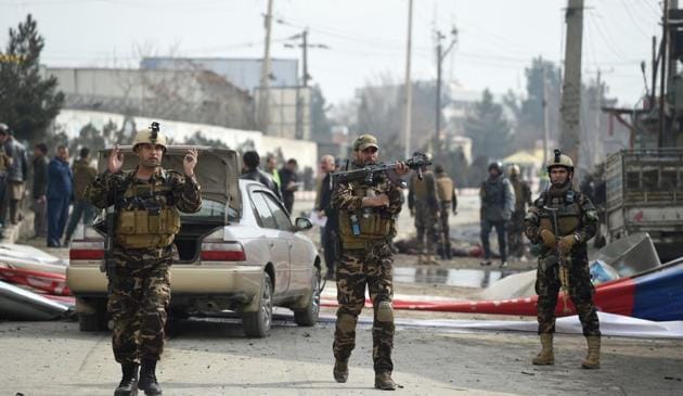 Afghan security personnel arrive at a site after a car bomb targeting foreign troops in Kabul on March 2, 2018. (AFP) Afghan security personnel arrive at a site after a car bomb targeting foreign troops in Kabul on March 2, 2018. (AFP)
