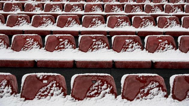 Snow covers tribune seats at the Circuit de Catalunya in Montmelo, on the outskirts of Barcelona.The death toll Europe-wide continued to climb to more than 50, as another three people perished in Poland, taking the number of victims there to 21, most of them rough sleepers. (Josep Lago / AFP)