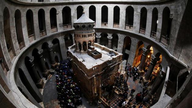A fish-eye view of the Edicule of the Tomb at the Church of the Holy Sepulchre in Jerusalem's Old City, after it opened doors to visitors following a three day shutdown over a standoff with the government regarding municipal dues owed. (Ammar Awad / REUTERS) 