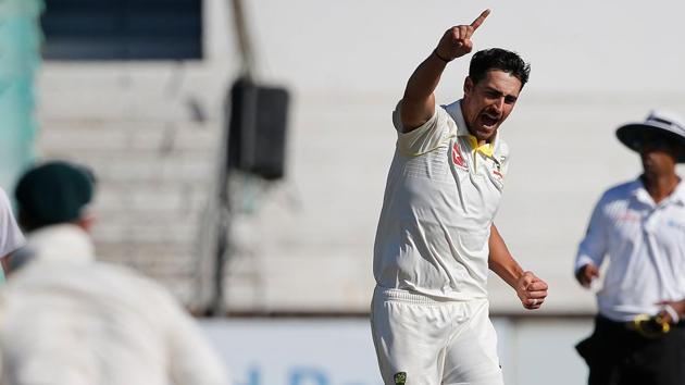 Australia cricket team’s Mitchell Starc celebrates the wicket of South Africa cricket team batsman Faf du Plessis during Day 2 of the first Test at the Kingsmead Stadium in Durban, on Friday. (AFP) Australia cricket team’s Mitchell Starc celebrates the wicket of South Africa cricket team batsman Faf du Plessis during Day 2 of the first Test at the Kingsmead Stadium in Durban, on Friday. (AFP)