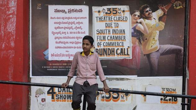 All cinema theatres in the five south Indian states will stop screening films indefinitely from Friday to demand reduction of Virtual Print Fee (VPF). The shutdown will continue till the Digital Service Providers (DSPs) reduce VPF for regional language films, announced the South Indian Film Producers Council here on Thursday. (Noah Seelam / AFP) All cinema theatres in the five south Indian states will stop screening films indefinitely from Friday to demand reduction of Virtual Print Fee (VPF). The shutdown will continue till the Digital Service Providers (DSPs) reduce VPF for regional language films, announced the South Indian Film Producers Council here on Thursday. (Noah Seelam / AFP)