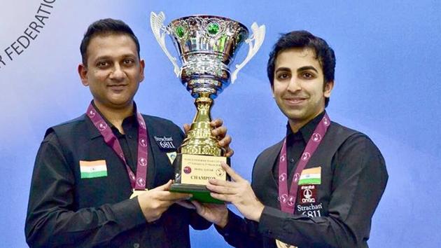 Pankaj Advani (R) and Manan Chandra helped India beat Pakistan in final of the IBSF Snooker Team World Cup.(Twitter) Pankaj Advani (R) and Manan Chandra helped India beat Pakistan in final of the IBSF Snooker Team World Cup.(Twitter)