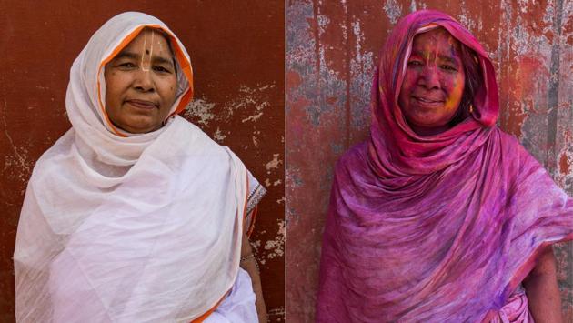A combination picture shows Beroza Bus Muthari, 65, who has lived in the Vrindavan ashram for widows for nine years, posing for photographs before (L) and after (R) celebrating Holi in Vrindavan. (Chandan Khanna / AFP) A combination picture shows Beroza Bus Muthari, 65, who has lived in the Vrindavan ashram for widows for nine years, posing for photographs before (L) and after (R) celebrating Holi in Vrindavan. (Chandan Khanna / AFP)