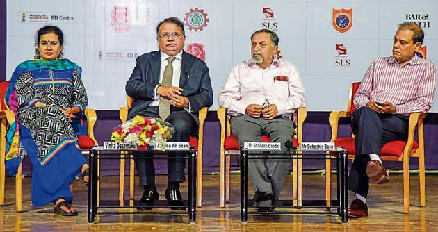 (From left to right) Vineeta Deshmukh, former chief justice Ajit Prakash Shah, Shailesh Gandhi and Debashis Basu at the Inaugural RTI lecture at Vishwakarma Auditorium in Symbiosis. (SANKET WANKHADE/HT PHOTO) (From left to right) Vineeta Deshmukh, former chief justice Ajit Prakash Shah, Shailesh Gandhi and Debashis Basu at the Inaugural RTI lecture at Vishwakarma Auditorium in Symbiosis. (SANKET WANKHADE/HT PHOTO)