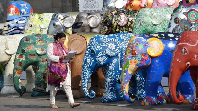 Elephant sculptures are displayed as part of the Elephant Parade India in Mumbai. The sculptures will be displayed at prominent locations for 3 weeks and auctioned to raise funds for Asian elephant corridors and projects to address human-elephant conflict. (Indranil Mukherjee / AFP) Elephant sculptures are displayed as part of the Elephant Parade India in Mumbai. The sculptures will be displayed at prominent locations for 3 weeks and auctioned to raise funds for Asian elephant corridors and projects to address human-elephant conflict. (Indranil Mukherjee / AFP)