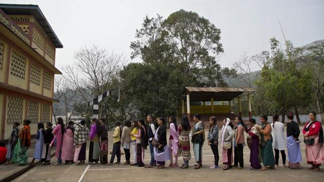 Khasi tribal people stand in a queue to cast their votes during the Meghalaya state assembly election in Nongpoh. (AP File Photo) Khasi tribal people stand in a queue to cast their votes during the Meghalaya state assembly election in Nongpoh. (AP File Photo)