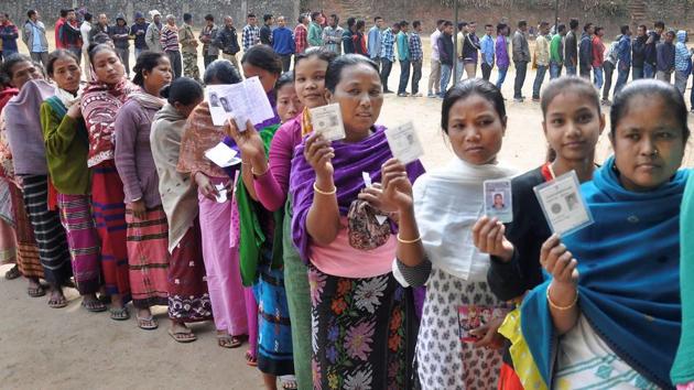 Women show their ID cards while waiting to cast their vote at a polling station during the state Assembly elections in Ri-Bohi district in Meghalaya on February 27, 2018. (PTI Photo) Women show their ID cards while waiting to cast their vote at a polling station during the state Assembly elections in Ri-Bohi district in Meghalaya on February 27, 2018. (PTI Photo)