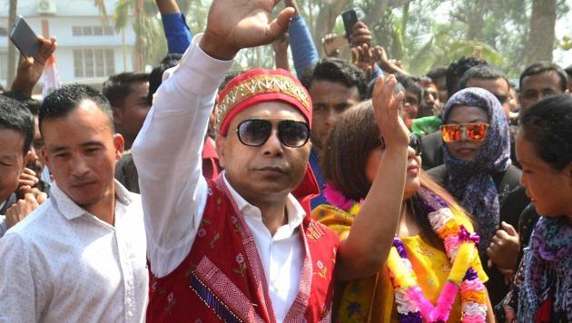 Meghalaya chief minister and Congress candidate Mukul Sangma waves at his supporters after winning in his constituency at Ampati in South-West Garo Hills on March 3. (PTI Photo) Meghalaya chief minister and Congress candidate Mukul Sangma waves at his supporters after winning in his constituency at Ampati in South-West Garo Hills on March 3. (PTI Photo)